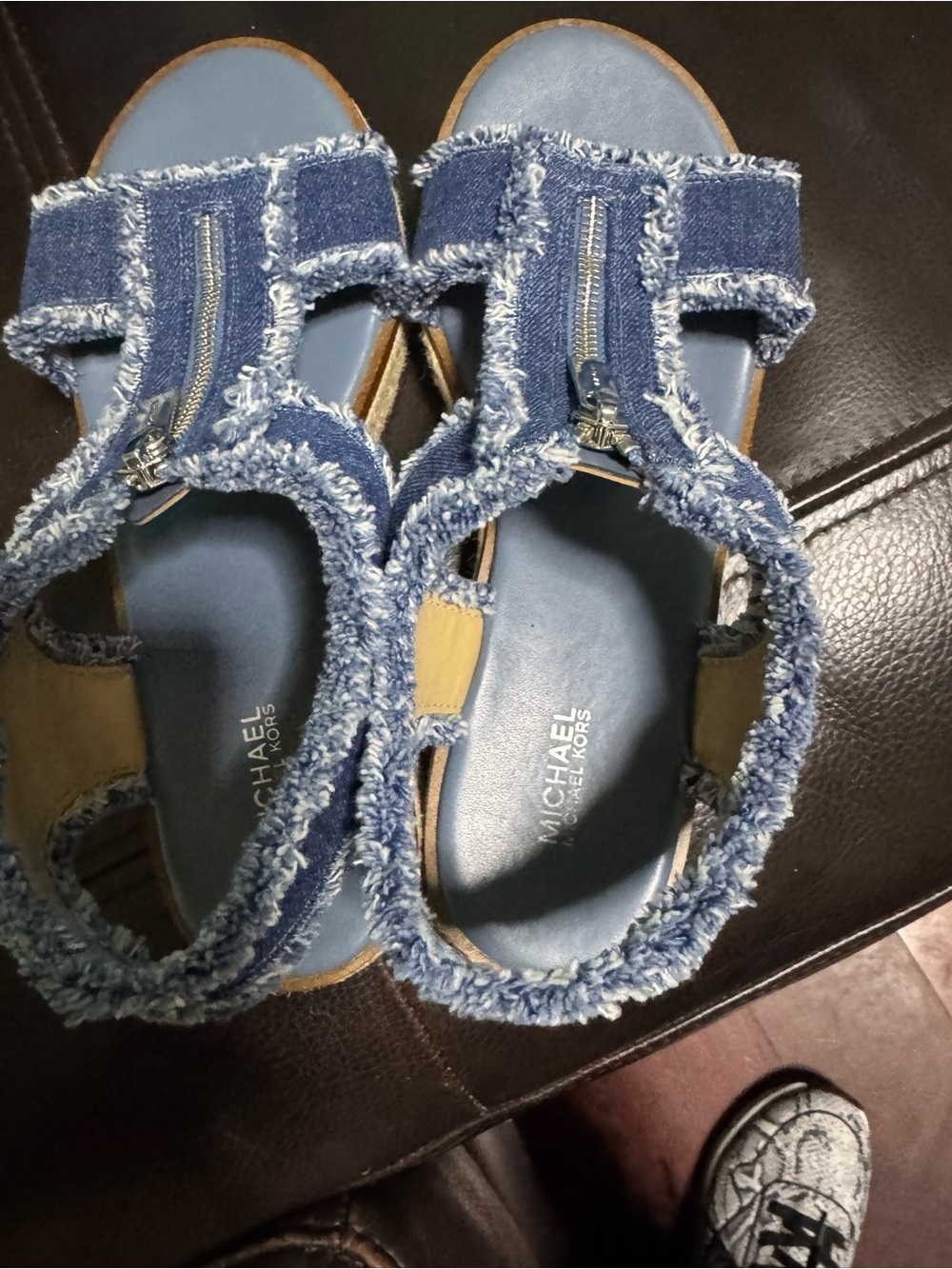 Michael Kors Denim Frayed Zip T-Strap Sandals - Blue